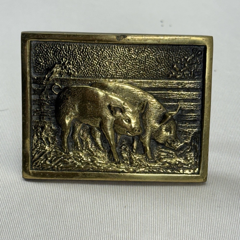Vintage 1978 BTS Hog Pig Brass Belt‎ Buckle 3x2.25"